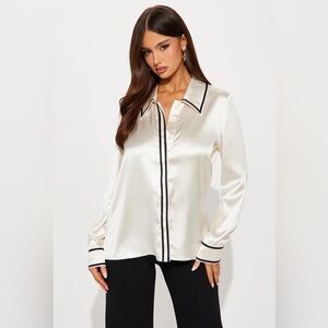 Fashion Nova White Satin Shirt with Black Accents Medium